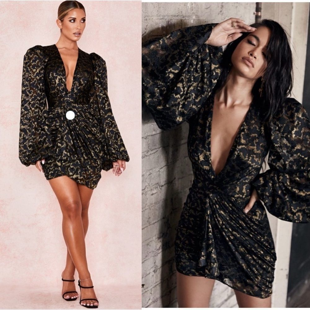 NWT House of CB Lotus Mini Black Gold Dress Lace Size S